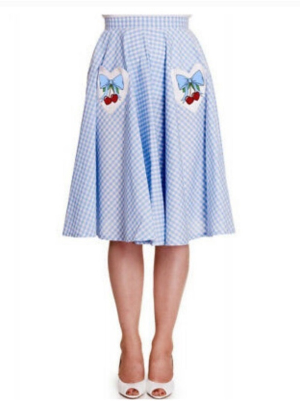 Hell Bunny gingham skirt heart-shaped pockets embroidered cherries bows pin up